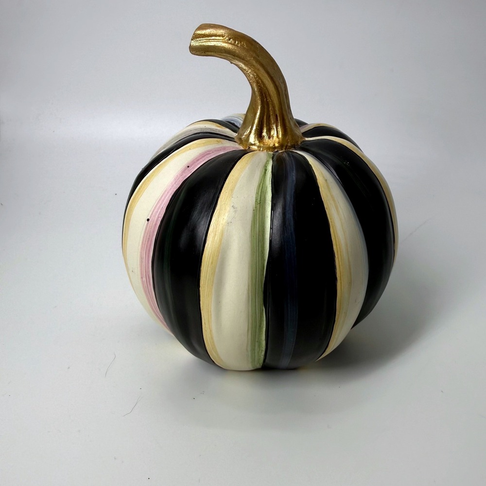MacKenzie-Childs Aurora Striped Pumpkin Figurine Gold Stem Black Cream 6.5"